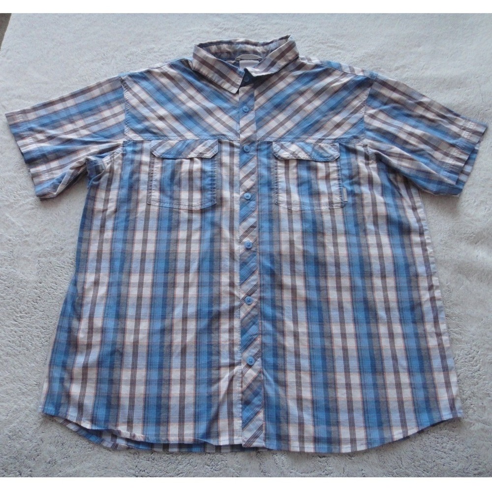 Columbia Men's Short Sleeve Plaid Button Down Shirt Blue White Orange Size XL
